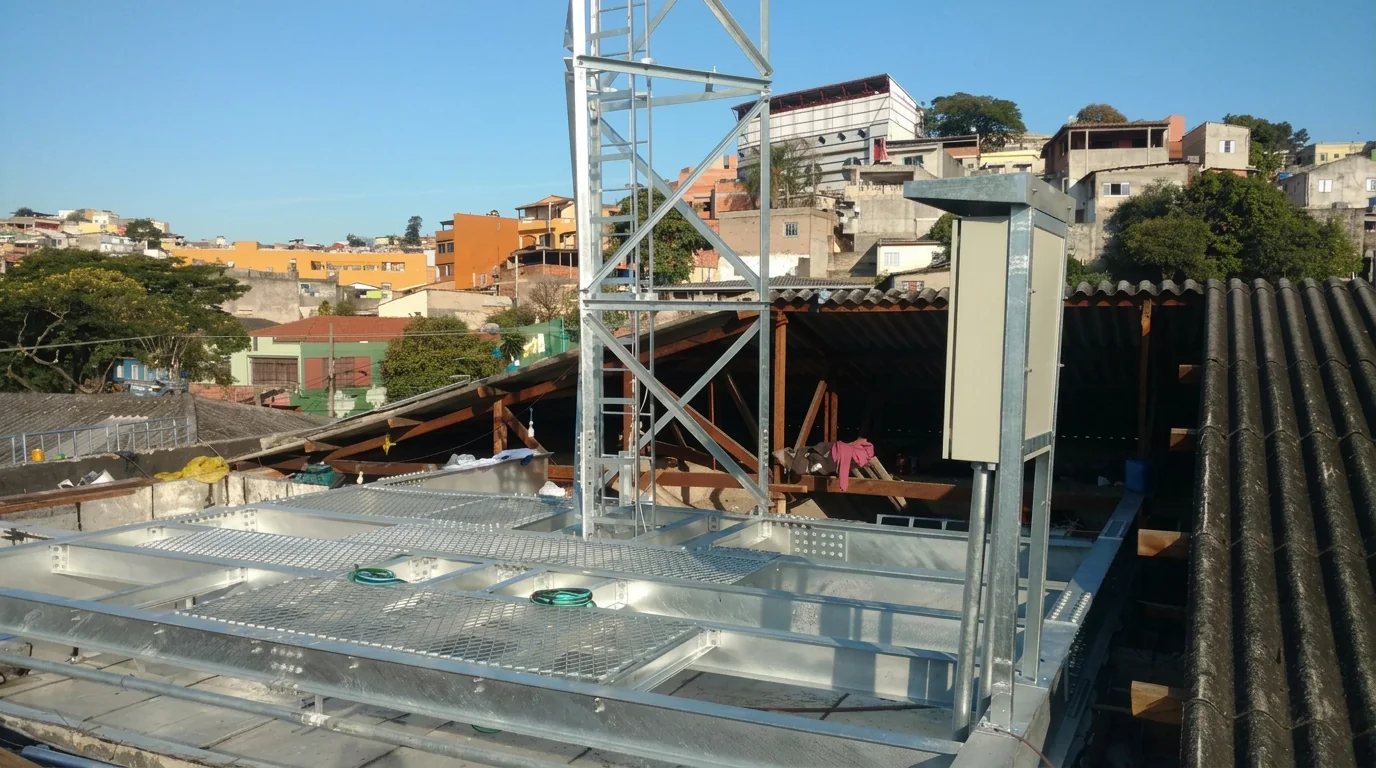 Plataforma e torre metálica galvanizada instaladas em cobertura