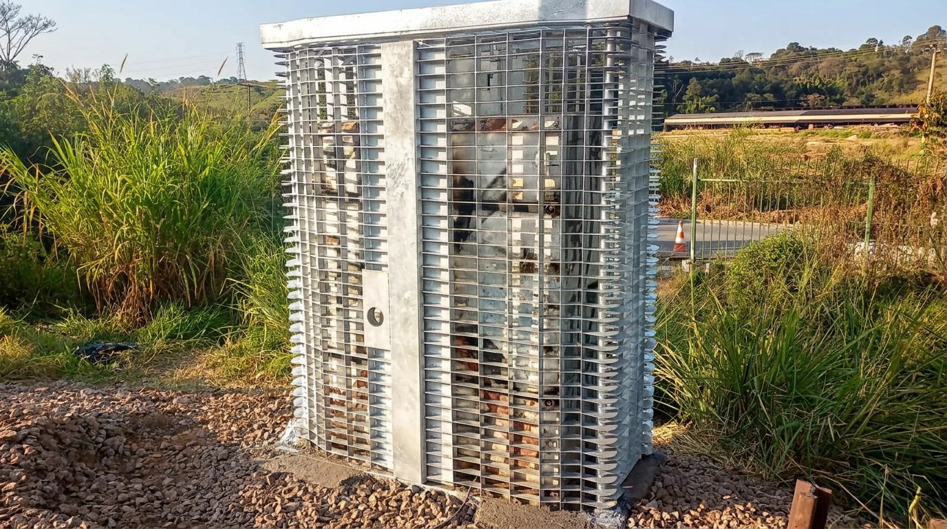Detalhe construtivo da proteção galvanizada em ambiente ferroviário